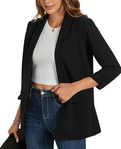 YOUNIFIZ Womens Blazers Casual Ruched 3/4 Sleeve Jackets Open Front Business Work Office Blazer Jackets with Pockets