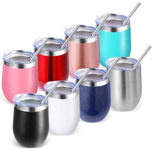 Volhoply 12oz Stainless Steel Wine Tumbler with Lid Bulk 8 Pack,350ml Double Wall Vacuum Stemless Wine Glasses,Metal Travel Coffee Mug with Straw,Insulated Cup Gifts for Women,Christmas(Mix,8 Set)