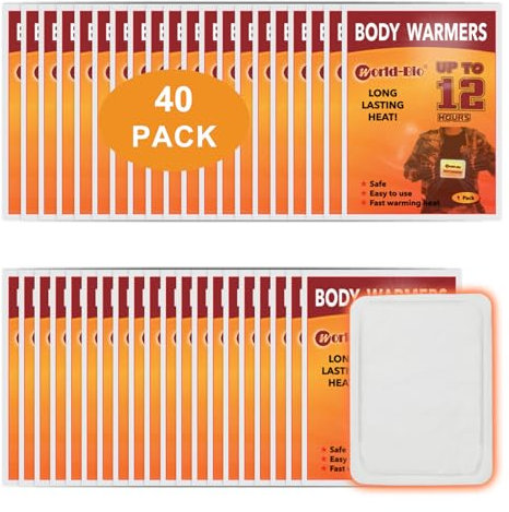 Hot Body Warmers Disposable Adhesive, Large Body Warmers for Cold Weather, Heat Patches, Sticky Heating Packs, Up to 12 Hours of Heat, Air Activated Warmers for Skiing, Hiking, Camping, 40Packs
