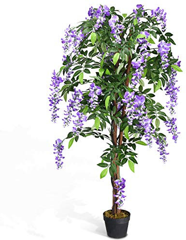 COSTWAY 150CM/180CM Ficus Artificial Tree, Fake Wisteria Trees in Nursery Pot, Indoor Outdoor Greenery Tall Faux Floor Plant for Living Room Office Decor (1, 150CM, Green+Purple)