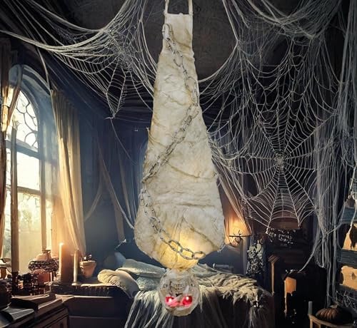 FIESTAS GUIRCA Mumien-Anhänger mit Licht (75 cm) – gruselige Dekoration für Halloween und Skelettpartys – ideal für gruselige Requisiten und Horrorfeiern – Grau und Weiß