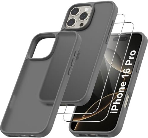 Qasyfanc Matt Cover Case Compatible with iPhone 16 Pro 6.3 with 2 Pack Tempered Glass Screen Protector, Non-Yellowing Shockproof Phone Bumper Cover Hard PC Anti-Scratch Case Dark Grey