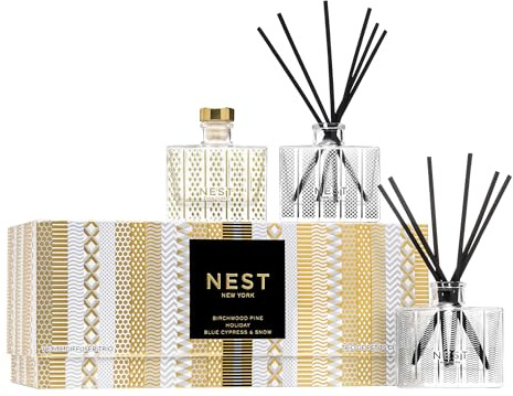 NEST New York Festive Petite Diffuser Trio - 1.3 fl oz Each - Includes Holiday, Birchwood Pine, and Blue Cypress & Snow - Fragrance for Up to 90 Days - Includes All-Natural Reed Sticks - Flame Free
