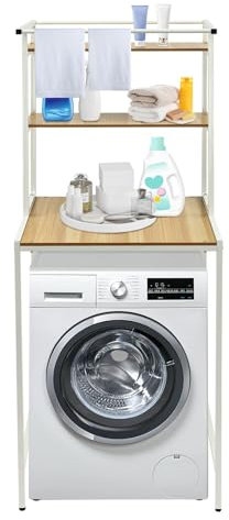 RjcdOPL Scaffale portaoggetti per lavatrice a 3 livelli, mobile portaoggetti sopra la lavatrice, risparmio di spazio, ideale per bagno, lavanderie, balconi (bianco+legno)
