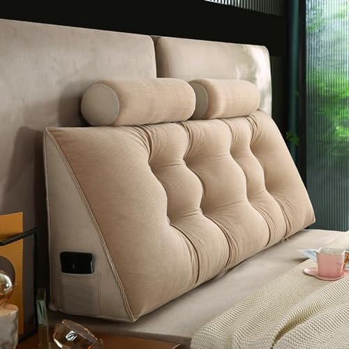 ZF YLYH Keilkissen Lang Rückenkissen für Bett: Bequemes Lesekissen Abnehmbar Sofa Lendenkissen Dreieckiges Hohen Rückenlehne Kissen mit Nackenstützkissen (Light Brown, 120 * 50 * 20cm)