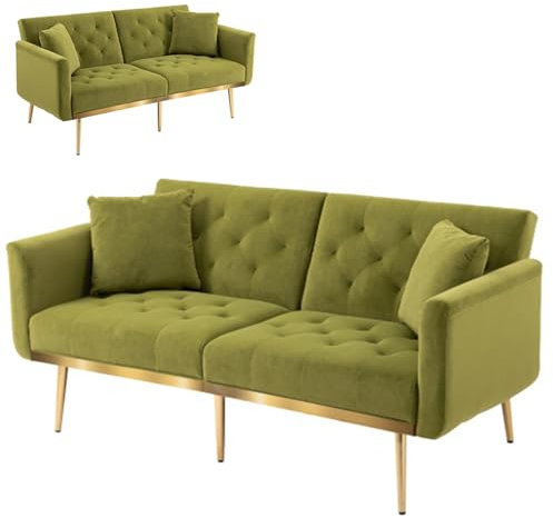 DDZJTPP Bettsofa, 2 Sitzer Polstersofa Mit Kissen, Schlafsofa Sofagarnitur Mit Schlaffunktion, Samt Sofa Polstersofa,für Wohnzimmer, Büro, Zuhause, Große Farbauswahl,Green