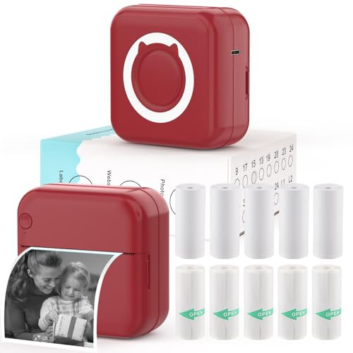 HUIJUTCHEN Mini Sticker Printer - Mini Pocket Printer for iPhone Thermal Print with 10 Rolls Thermal Paper for Journal, Memo, Photo, Dark Red