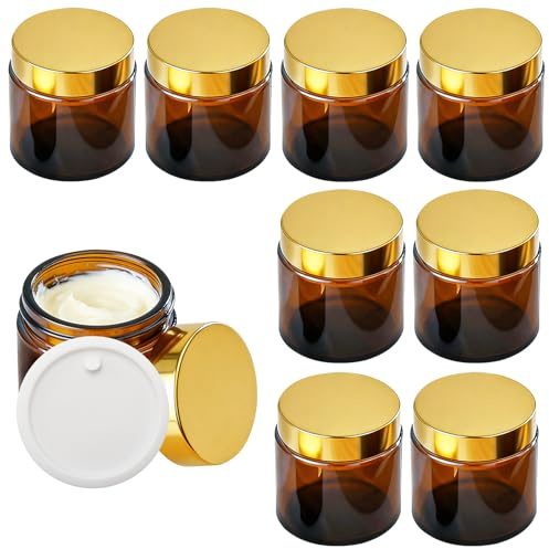 HMIEPRS Lot de 8 pots de rangement en verre ambré avec couvercles - 60 ml - Avec doublure intérieure - Conteneurs cosmétiques rechargeables pour lotion, crème du visage, huiles essentielles