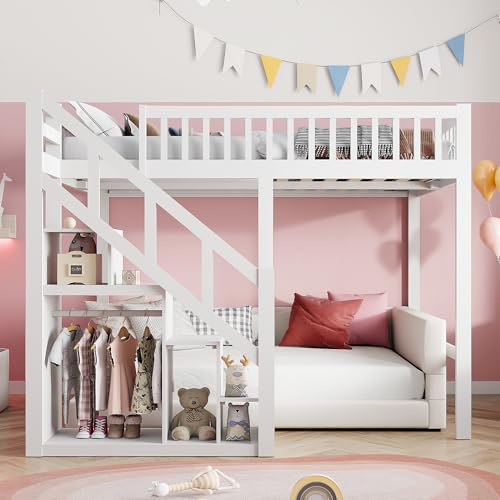 FOERPL Letto a Soppalco 140x200cm con Recinzione Sicura e Scala di Stoccaggio, Letto a Castello Bianco per Bambini e Ragazzi - Struttura Legno Stile Montessori