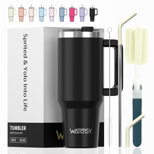 WATERSY 20oz Kaffeebecher to Go Thermobecher Doppelwandiger Edelstahl Vakuum Auslaufsicher Trinkbecher mit Griff und Strohhalm Thermal Tumbler Schwarz