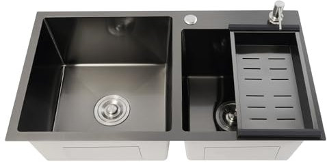 Fregadero de cocina doble (78 x 43 x 22 cm) para montaje bajo encimera o debajo de la mesa, color negro con nano-revestimiento. Incluye dispensador de jabón, tubo de drenaje y cesta de drenaje