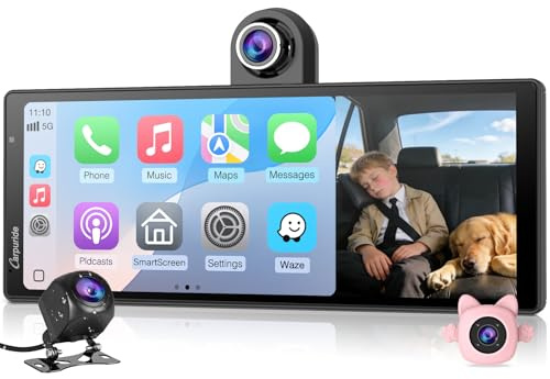 CARPURIDE W903S3 CarPlay Display 9.3 Triple Kamera 4K Android Auto GB TF | 4K Frontkamera, 1080P Rückkamera und Infrarotkamera, Loop-Aufnahme, GPS, FM, BT, Super Link und 64GB TF-Karte
