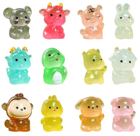 Onperpoe 12 Pcs Mini Resin Animals, 12 Zodiac Luminous Mini Plastic Animals Colorful Miniature Resin Animal Mixed for Micro Landscape Aquarium Potted Garden Decoration