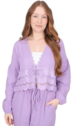 Musselin Bluse mit Bordüre zum Binden, Spitze & Bindeband – im Boho Stil Frühling/Sommer - Laura (DE/NL/SE/PL, Alphanumerisch, Einheitsgröße, Regular, Regular, Flieder)
