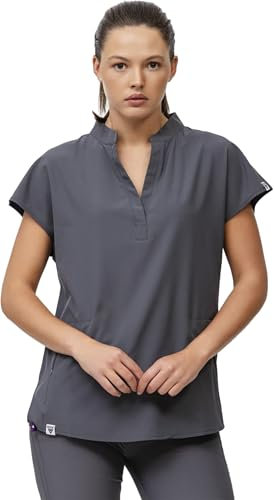 WORKTEAM Casaca Sanitaria Mujer, Manga Corta, Tejido Elástico, Cuello Mao Cremallera Bolsillos Laterales, para Médico, Enfermera, Dentista, Estética, Veterinaria, Limpieza. Mujer Gris XL