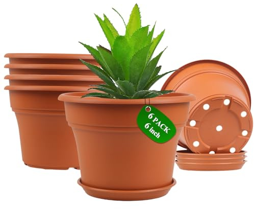 Pottiffe 6 Inch Plastic-Flower-Pot-for-Indoor-Plants, 6 Pack Large Outdoor Planter Pot with Drainage Holes & Saucers, Resin Decorative Garden Pots Planters