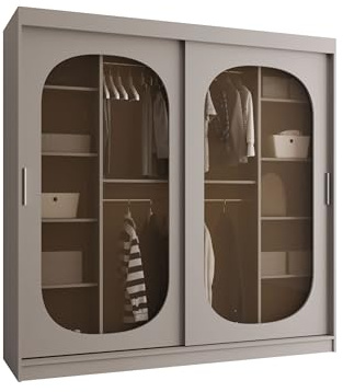 Mirjan24 Kleiderschrank Bimaza 200 mit Schubladen und Glastüren - Rauchglas, Schiebetürenschrank mit einlegeböden und Kleiderstange, Garderobenschrank (Cashmere, ohne Beleuchtung)