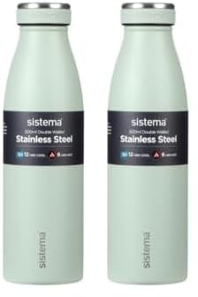 Sistema Hydrate Stainless Steel Water Bottle | 500 ml Leak-Proof Reusable Water Bottle | BPA & Phthalate Free | Double Wall Vacuum Insulation | Keeps Cold for 12 hrsHot for 6 hrs | Assorted Colours
