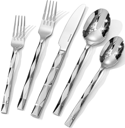 Muorruo 10-Piece Silver Cutlery Set, Luxurious Cutlery Set for 2, Stainless Steel Cutlery Set with Diamond-Cut Pattern for Home, Wedding, Party, Highly Polished and Dishwasher Safe