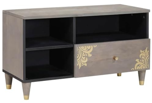 vidaXL TV Cabinet with Drawer Grey 80 x 33 x 46 cm Solid Mango Wood, Modern Rectangular Tv Cabinet, Multi-Purpose Shelf, Wall-Mounted Media Storage, Space-Saving Furniture for Living Room