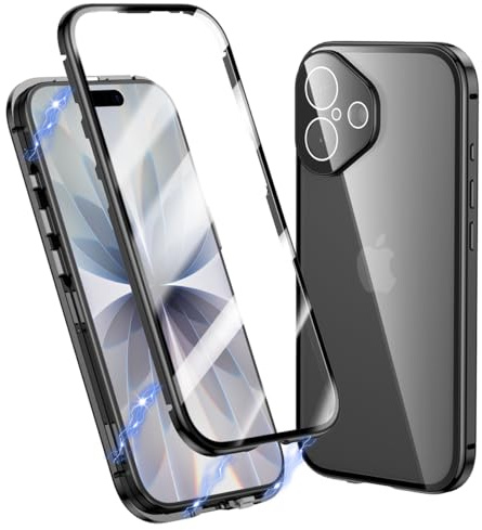 MIMGOAL Hülle für iPhone 17 360 Grad Magnetisch Transparent Schwarz | Gehärtetes Glas vorne und hinten, Magnetischer Edelstahlrahmen, Integrierter Kameraschutz, Präzise Ausschnitte