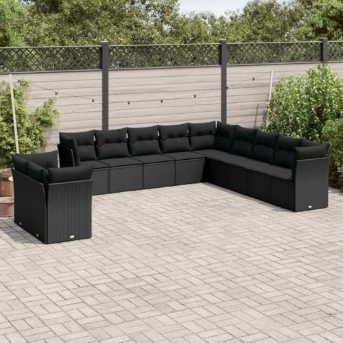 Qnhdfrt Garten Sofa Garnitur 11 TLG. Schwarz PE Rattan Lounge Set Outdoor mit Stauraum und Kissen für Garten Terrasse Balkon