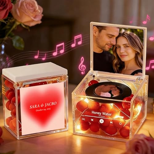 VEELU Personalisierte Spieluhr mit Foto & Musik Fotogeschenke für Sie Acryl Musikbox Spieluhren Erwachsene mit LED Lichterkette Personalisierte Valentinstag Jahrestag Geschenke für Ihn Frauen Männer