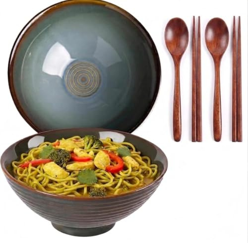 Ramen schüssel,Ramen bowl set,Bowl schüssel,ramen bowl,2 Sets | 1.2L,inklusive Löffel und Essstäbchen,mikrowellengeeignet, spülmaschinenfest,geeignet für Udon-Nudeln und Salate,grüne Glasur