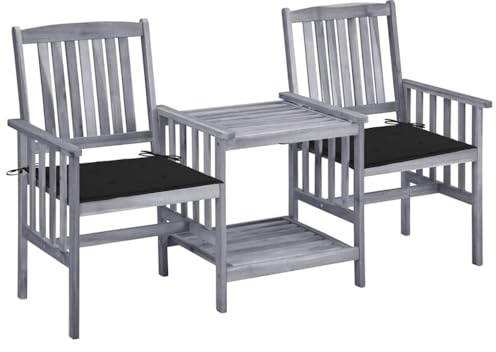JHQHSM Massivholz Akazie Gartenstühle mit Teetisch und Kissen, 4 Stühle und 1 Tisch, rustikales Bistro-Set für Terrasse und Garten, wetterfeste Outdoor-Möbel mit Ablage