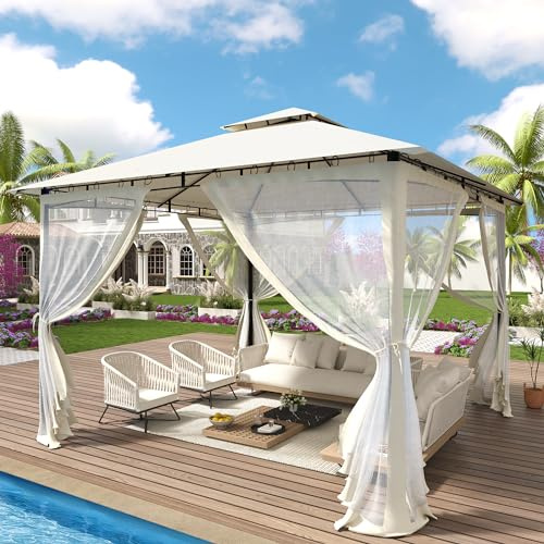 UDPATIO Gazebo da Giardino con Doppio Tetto e Zanzariera, 3.4x3.4 m, Struttura in Metallo Resistente, Gazebo Pieghevole Impermeabile per Giardino, Terrazze - Beige