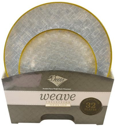 Decorline – Weave Combo Collection Lot d’Assiettes Transparent/Or – 36 pièces (26 & 19 cm) en plastique PET résistant, réutilisable, décoration de table élégante pour mariage, fête & événements