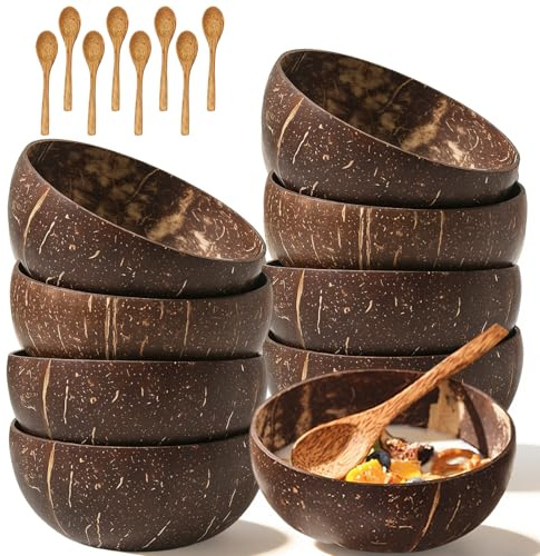 ZYETGH Natural Wooden Coconut Bowl Set of 8, 400 ml Coconut Shell Bowls with 8 Wooden Spoon Polished Salad Serving Bowl for Vegan Fruit Shake Dessert