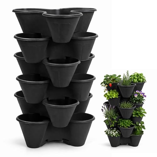 ADEPTNA Pack of 6 Stackable Trio Strawberry Planter Pots Black Durable Plastic Herb Flower Bedding Plant Container Weather-Resistant Vertical Garden Design Perfect Indoor Outdoor (BLACK / 6PK)