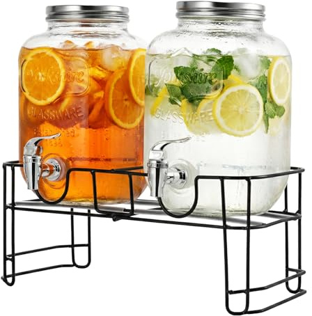 GREENSAPPIRE Glass Drink Dispenser with Tap – 2 Pack 4L Mason Jar Beverage Dispensers Faucet Metal Wire Stand – Perfect for Cocktails, Lemonade, Parties & Buffets