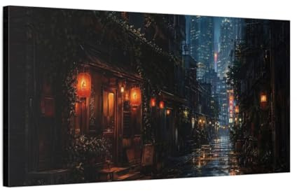 Science Fiction Rainy Street Dark City Canvas Print – Urban realism Decor for Living Room, Above Console Table 30×15 inch (75×37 cm) - Horizontal / 1.25 inch (3 cm)