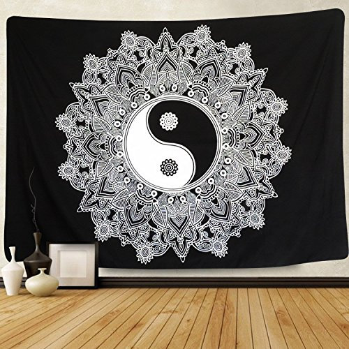 IBlack-And-White Wandteppich Yin-Yang, indisches traditionelles Mandala, Bohemian-Hippie, groß, Wandteppich