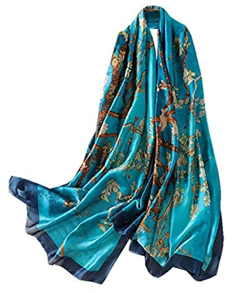 Trillion London® Blauer floraler Halsschal aus 100% Seide für Damen | Leichte Damenschals | Schalwickel | Geeignet für den Alltag, zum Verschenken | Glatte, weiche Oberfläche | Größe – 180 cm x 90 cm