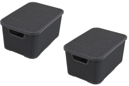 BranQ - Home essential Deckel Korb in Rattan Design 2er Set Grösse L 19l, Kunststoff PP, Anthrazit, 19 l
