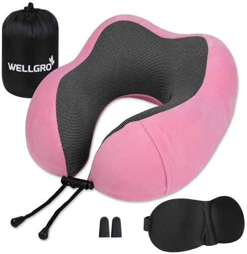 WELLGRO Nackenkissen Set mit 3D Schlafmaske und Ohrstöpsel - Abnehmbarer Bezug - Memory Schaum - Reißverschluss - inkl. Aufbewahrungstasche - Reisekissen - Farbe wählbar, Farbe:Pink