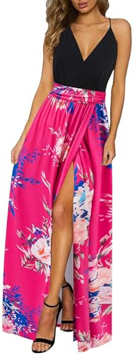 Newshows Femmes Eté Profond Décolleté en V Loisirs Robe Spaghetti Imprimé Fleur Split Maxi pour la fête de Plage(Floral 05,XX-L)