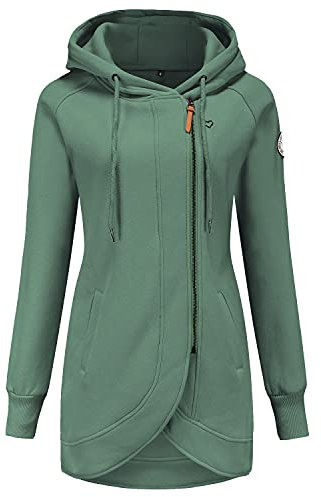 ELFIN Damen Lange Kapuzenpullover Zipper Hoodie Herbst Winter Pulli Sweatjacke mit Reißverschluss, Grün, L