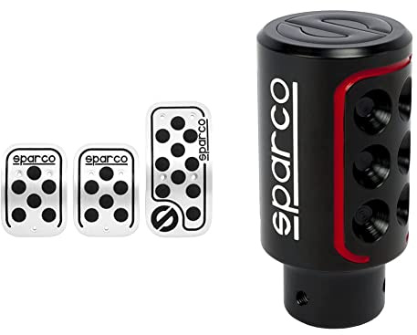 Sparco Spc0406Bk Juego De 3 Pedales Racing Color Plata Con Logo Negro Universales + Spc0103 Perilla de cambio de marchas