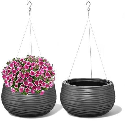 Blumenampel Blumentopf Herausnehmbaren Einsatz Rund Wellen 3D Effekt mit Aufhängung (Anthrazit)