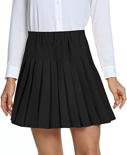 Damen Schule Stil Elastische High Taille Faltenrock A-Linie Kariert Tennis Mini Röcke mit Kurze Hosen(M, Schwarz)