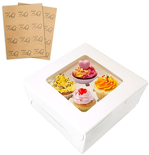 24 Packs White Cupcake Boxes 4 Holes with Window (6.3x6.3x3 Inches), Rectangle Cup Cake Boxes for Cupcakes Muffins Desserts, Suitable for Home Baking, Party, Wedding, Christmas, halloween, Cake Shop
