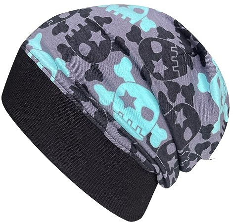 Wollhuhn ÖKO Leichte Mädchen/Jungen Beanie-Mütze Bündchen Elastisch Übergangszeit/Sommer Kinder-Mütze Baumwolle (Öko-Stoffe, Bio) 22222235 (Coole Skulls Grau/Mint, L)