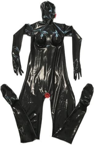 Sexy Schwarz Latex Ganzkörper Catsuit Handschuhe Socken Silikon Brusttasche mit Mund Anus Kondom