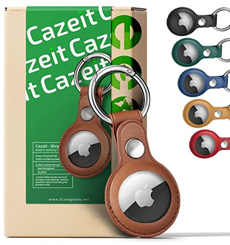 Cazeit® AirTag Leder Anhänger Schutzhülle Vegan + kostenlosen Karabiner | Ultra Leichte AirTag Hülle Schlüsselanhänger Schlichtes Design & langlebig | Nachhaltig in Deutschland handverpackt [Braun]