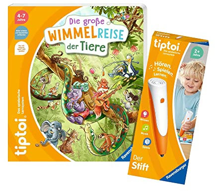 tiptoi Ravensburger Set: Die große Wimmelreise der Tiere (Kinderbuch) + 00110 Stift, Lernspielzeug für Kinder