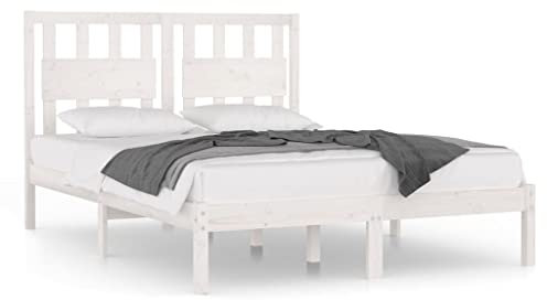 Holzbett massiv aus Kiefer weiß 140x190cm - Doppelbett Ehebett, Kopfteil Bettgestell, Bettrahmen bis 200 kg belastbar, n153